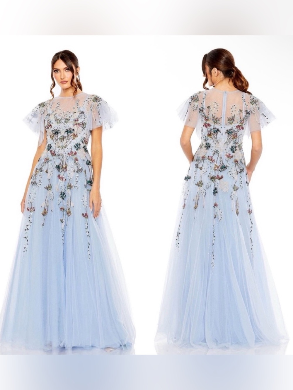 NWT Mac Duggal 20436 Embellished Multi Color Flutter Sleeve A-Line Dress